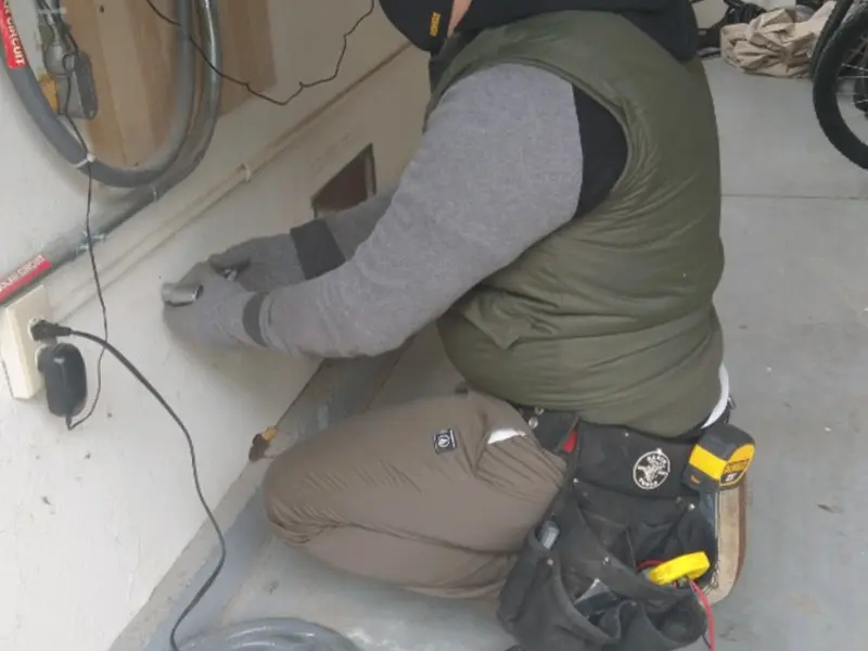 Electrician performing outlet wiring in a Maryville garage